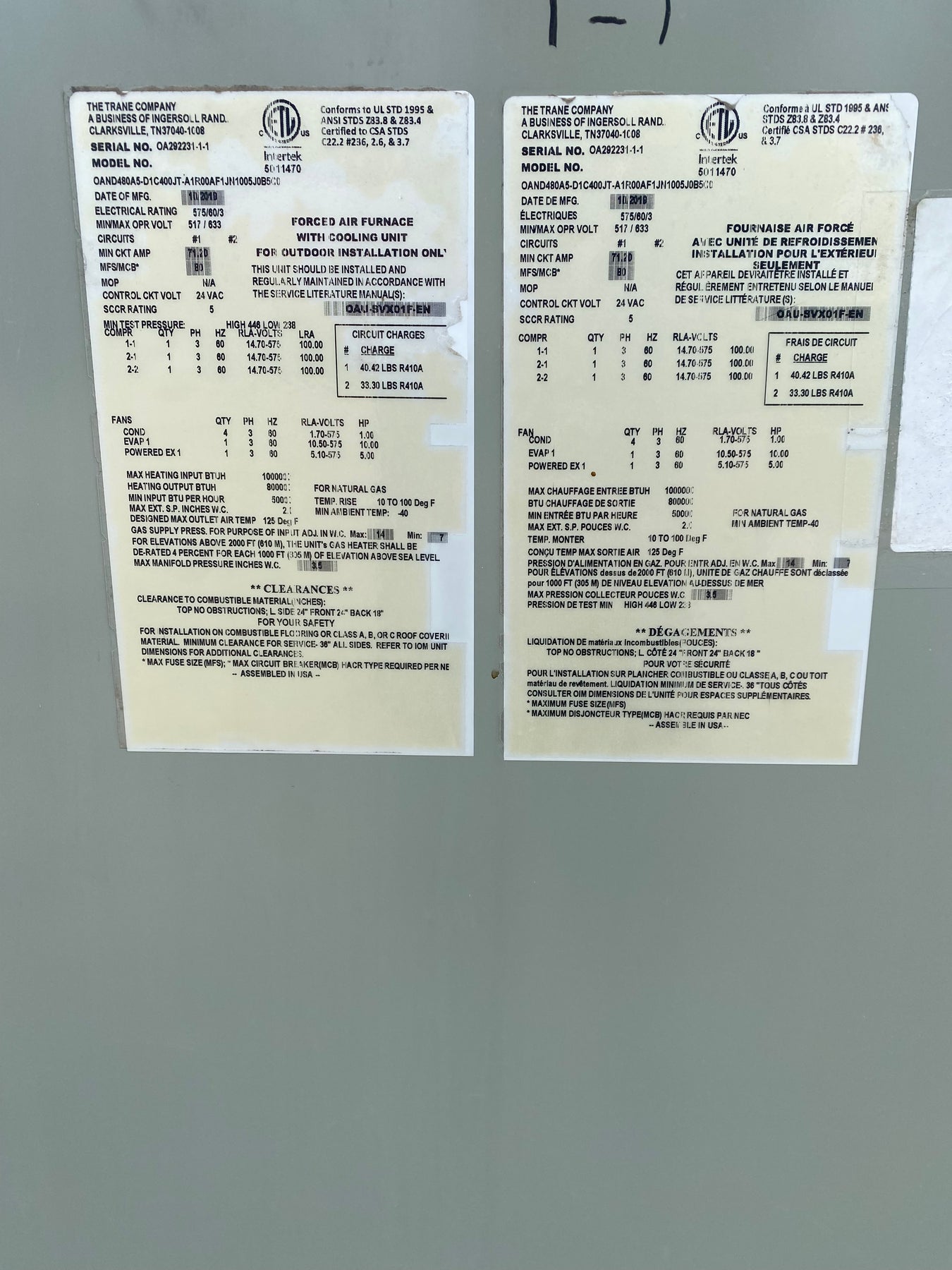 Trane forced air furnace with cooling (RTU) NEW Growhaus Supply