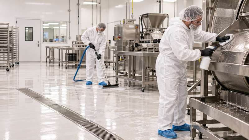 Sanitation team cleaning a commercial cannabis processing facility